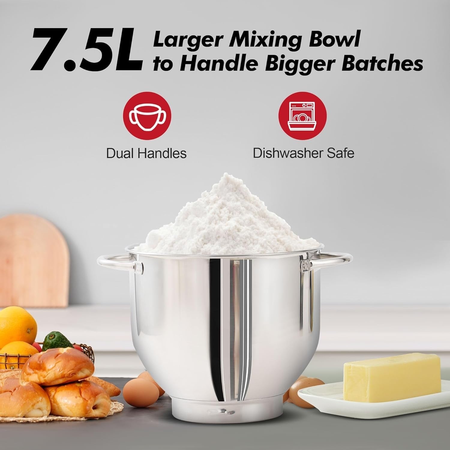 7.5L Large Capacity Stand Mixer 1400W 6 Speeds Stainless Steel Bowl & Hook