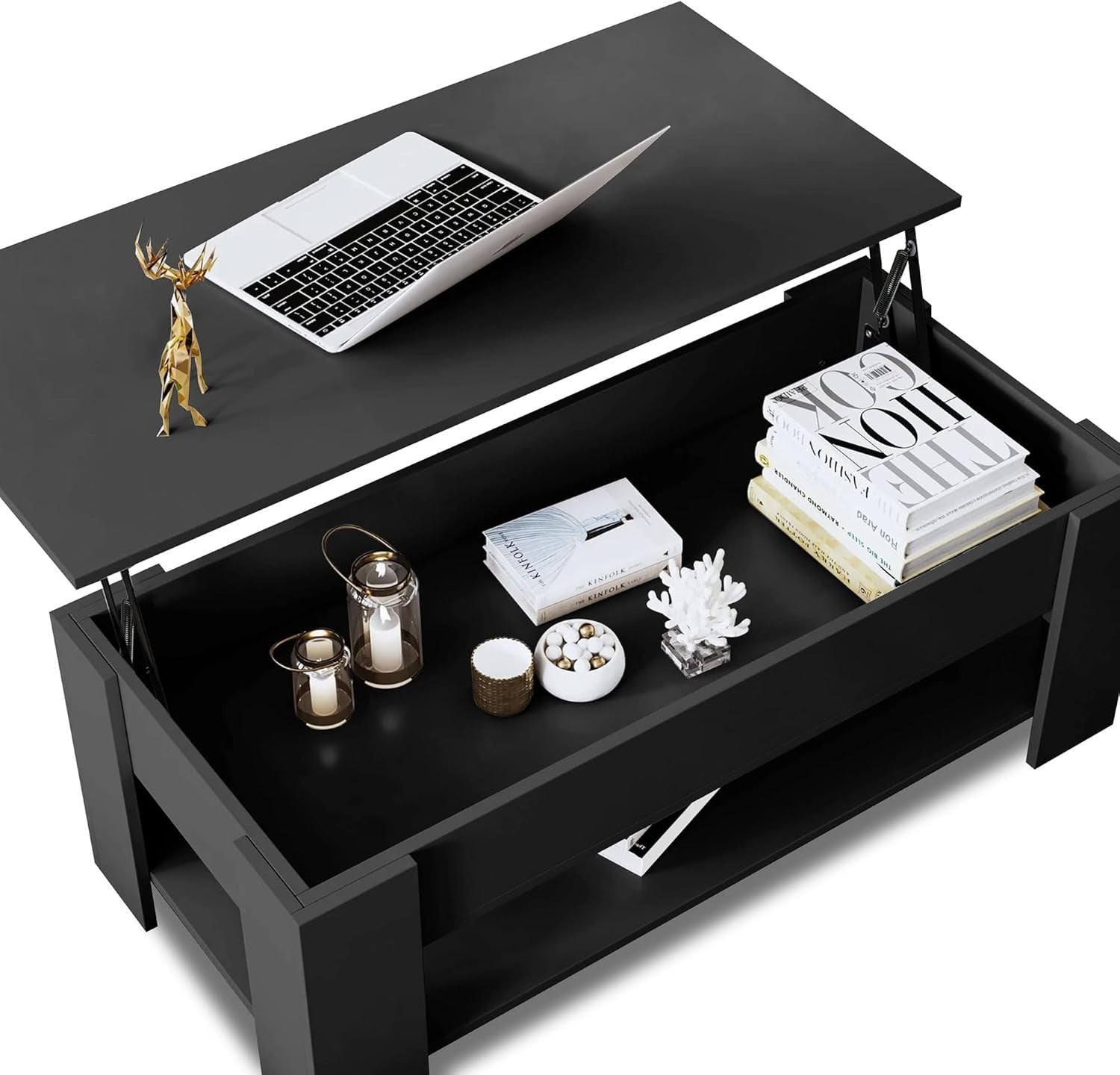 Lift Up Coffee Table with Storage, Black 100x50cm Adjustable Height
