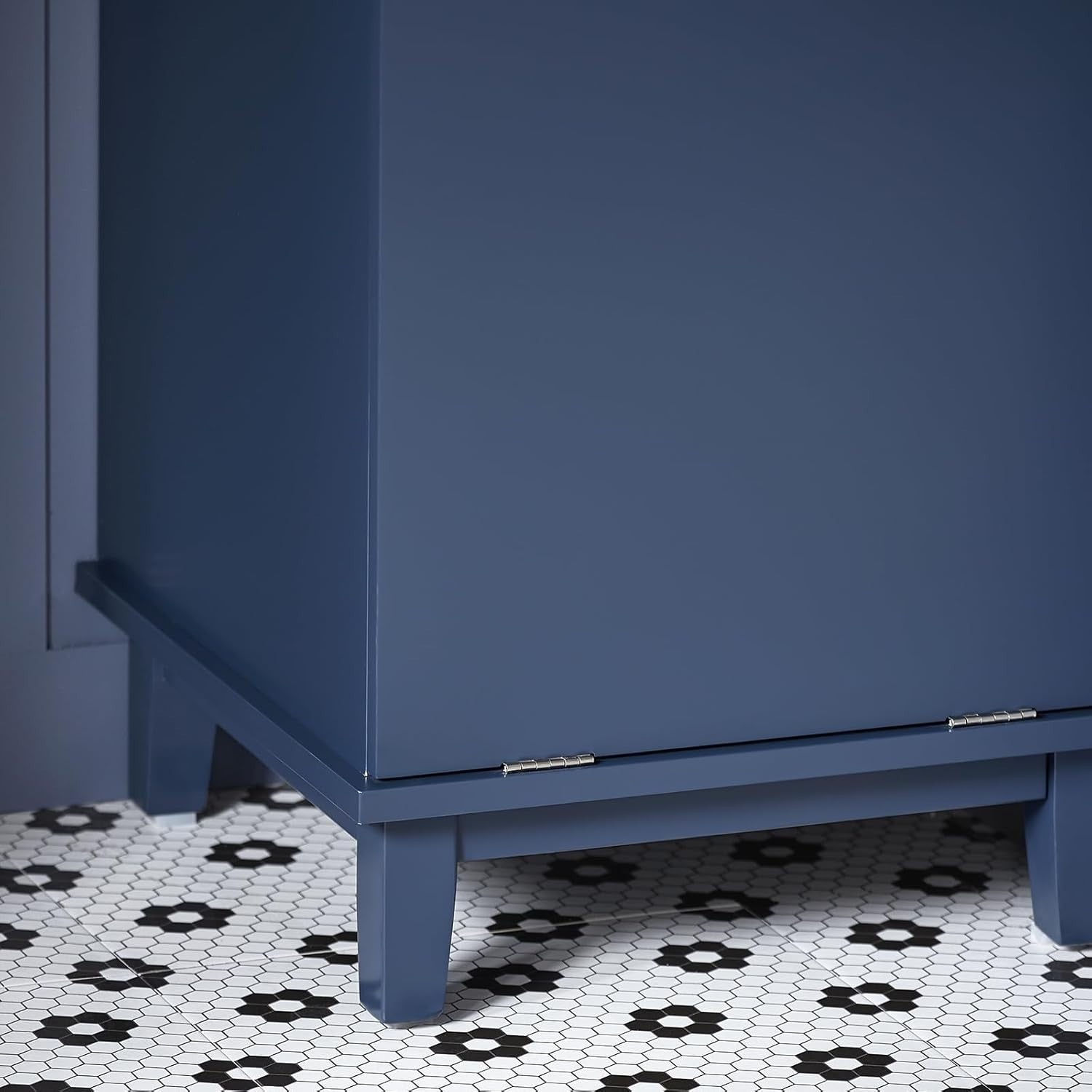 Slim Laundry Storage Cabinet with Built-In Basket & Drawer, Navy Blue