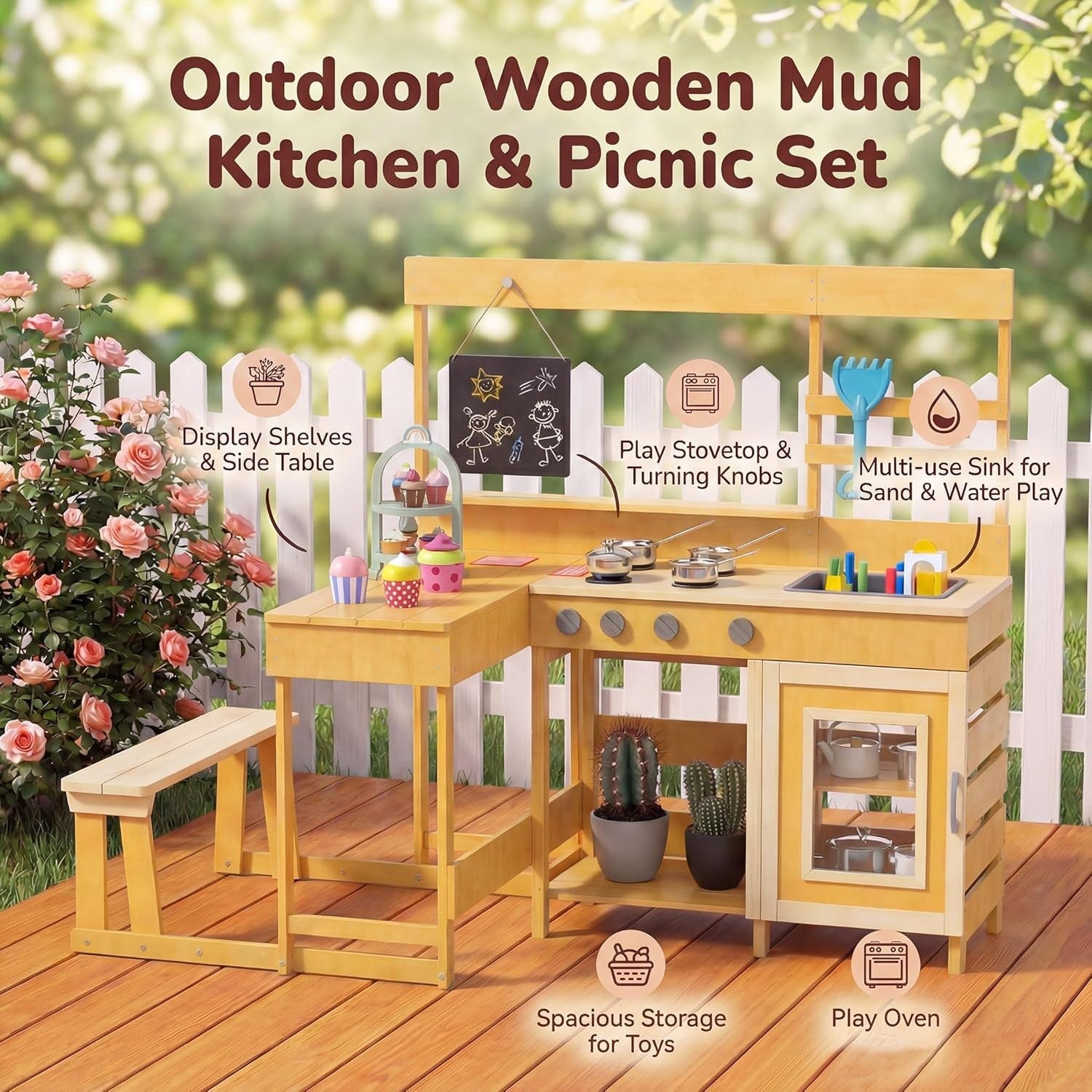 Kids Mud Kitchen Outdoor Wooden Play Kitchen Picnic Table Natural