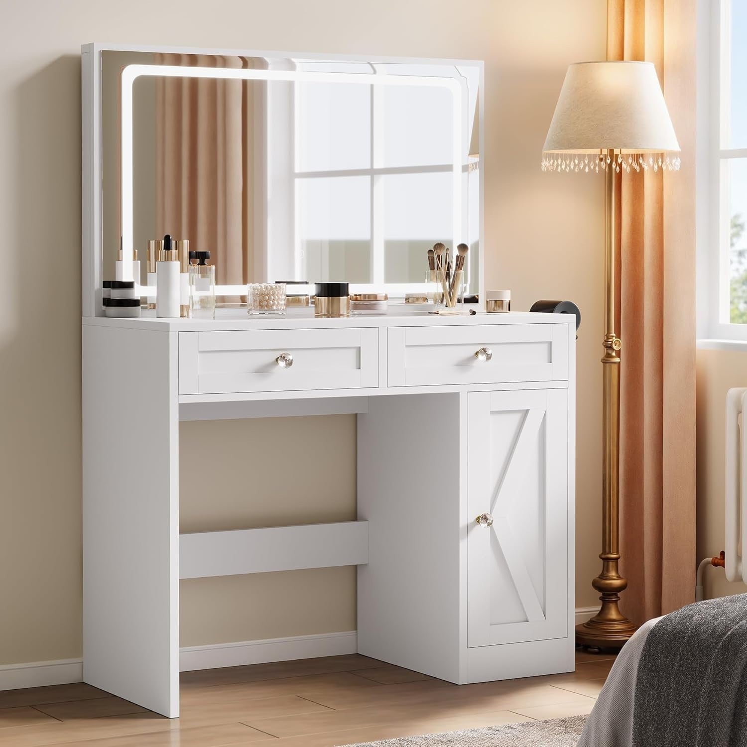 Dressing Table Vanity Set Mirror Lights Desk 2 Drawers Charging Hub S