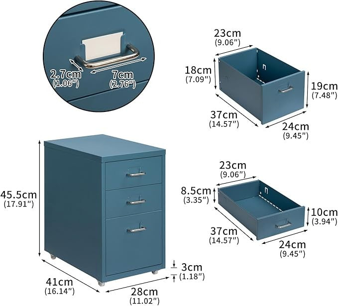 3 Drawer Metal File Cabinet with Wheels, Under Desk Lockable Office Storage Unit