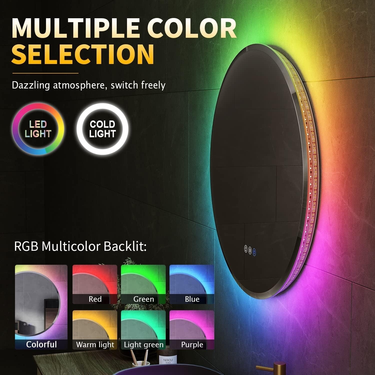 Round LED Bathroom Mirror 60cm RGB Color Change Anti-Fog Touch Control