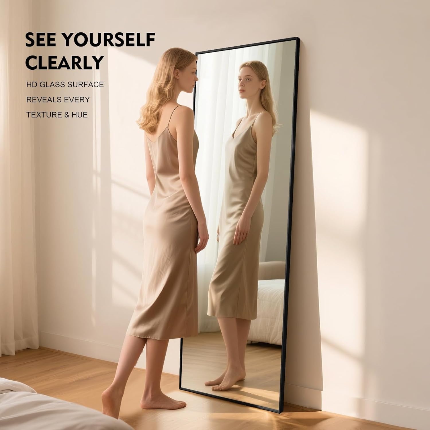 Full Length Mirror 163x53cm Square Black Frame, Shatterproof for Bedroom