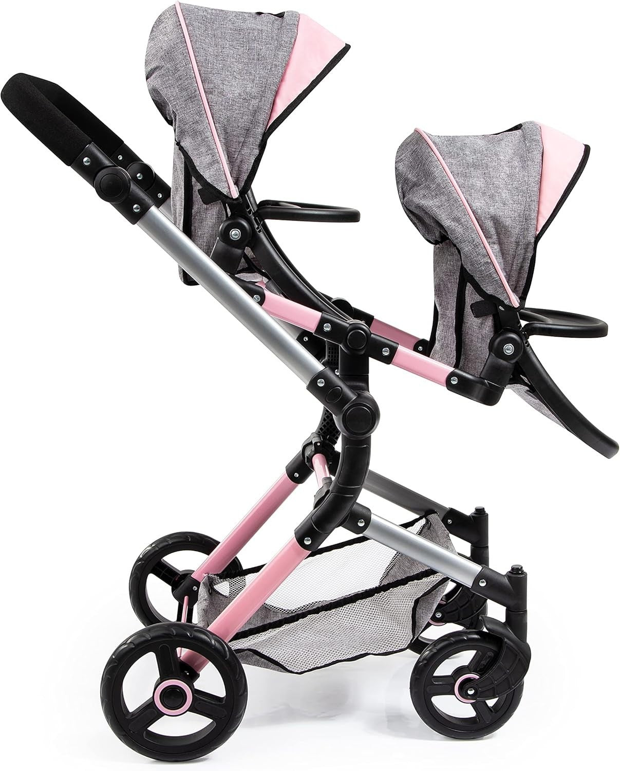 Twin Doll Pram Double Stroller Adjustable Handle Foldable Basket Bag