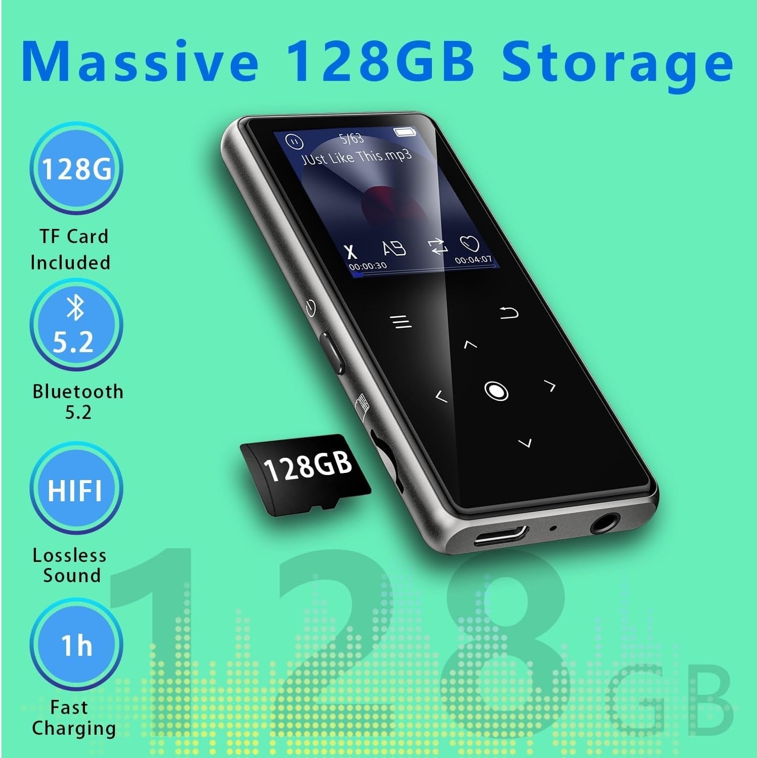 128GB Bluetooth 5.2 MP3 Player FM Radio Voice Recorder HiFi