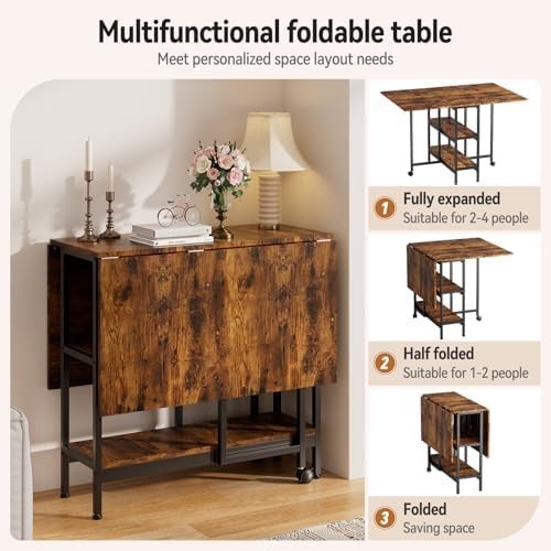 Brown Wooden Folding Drop Leaf Dining Table with Storage Shelves on Wheels
