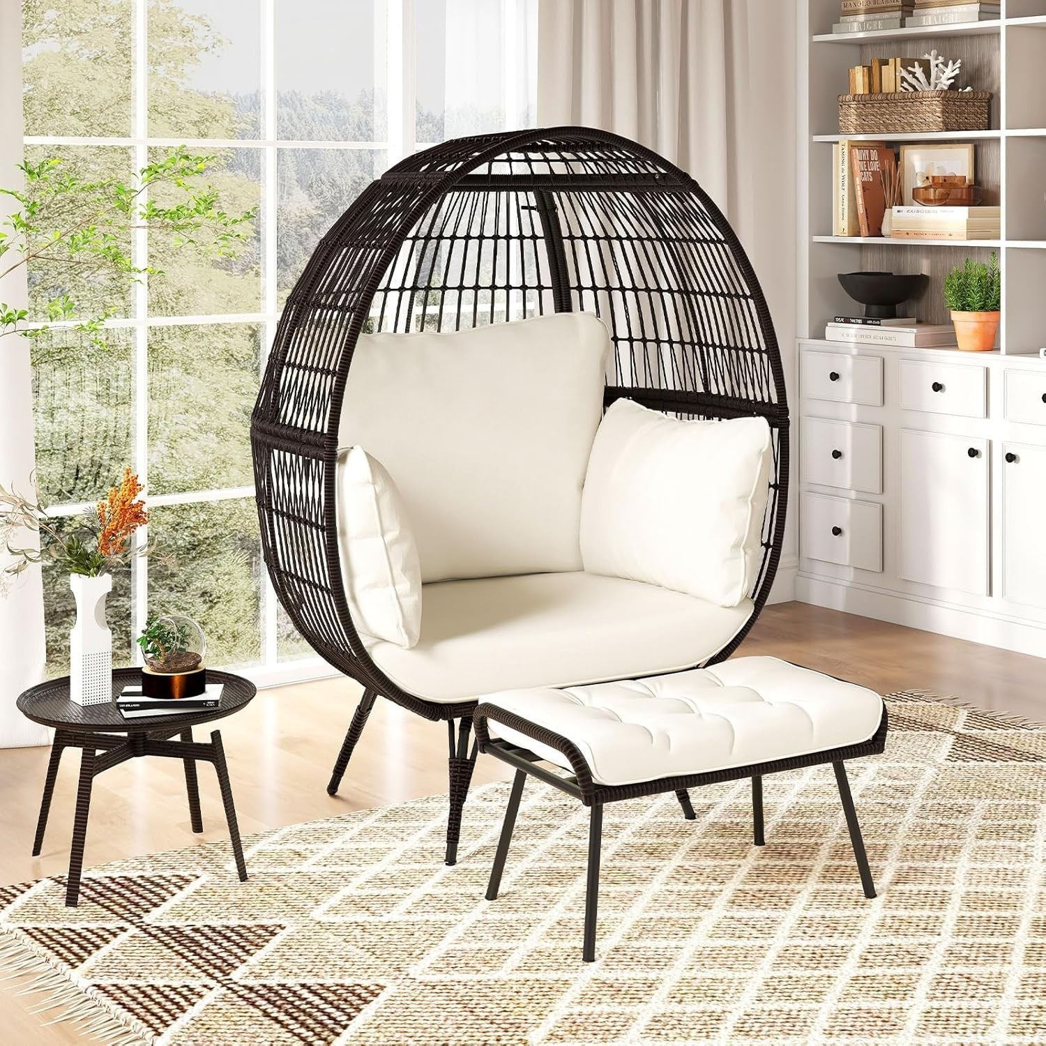 Extra Large Rattan Egg Chair with Footstool Outdoor Indoor Lounge Seat
