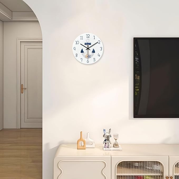 Nautical 12 White Wall Clock Coastal Anchor Design Silent Non Ticking Home Decor