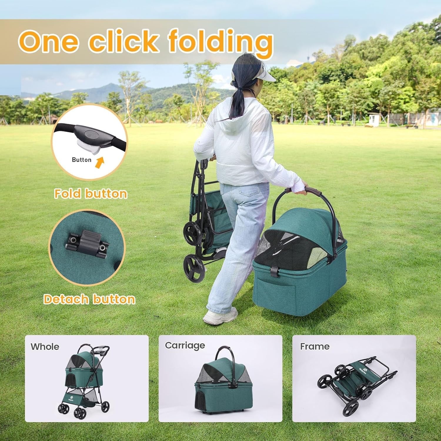 Dark Green 2-in-1 Dog Stroller Foldable Pet Pushchair Jogger for Small Dogs
