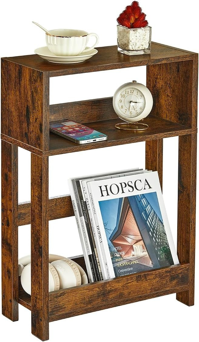 Rustic Narrow Side Table with Storage | 3-Tier Slim Nightstand for Small Spaces