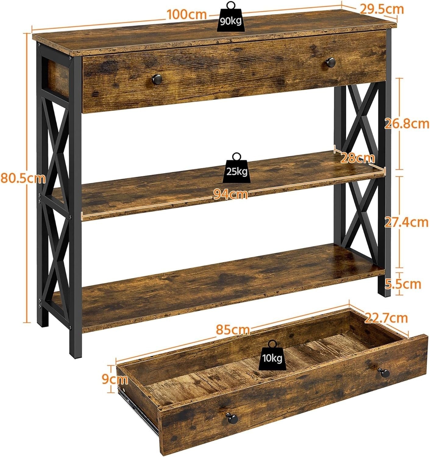 Rustic Console Table with Drawer & 2 Shelves, 100x29.5x81cm, Storage & Display