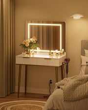 White Dressing Table Makeup Desk LED Light Mirror Drawers Gold Legs Modern