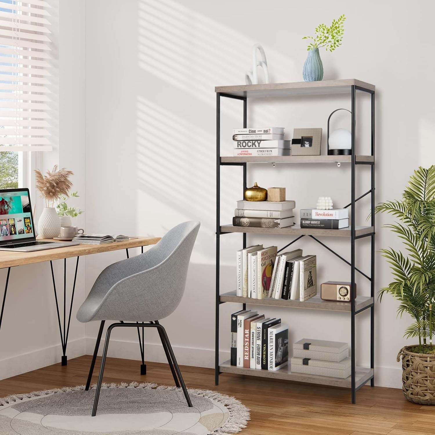 5-Tier Industrial Bookshelf Grey Wood Heavy-Duty Metal Storage Display Rack