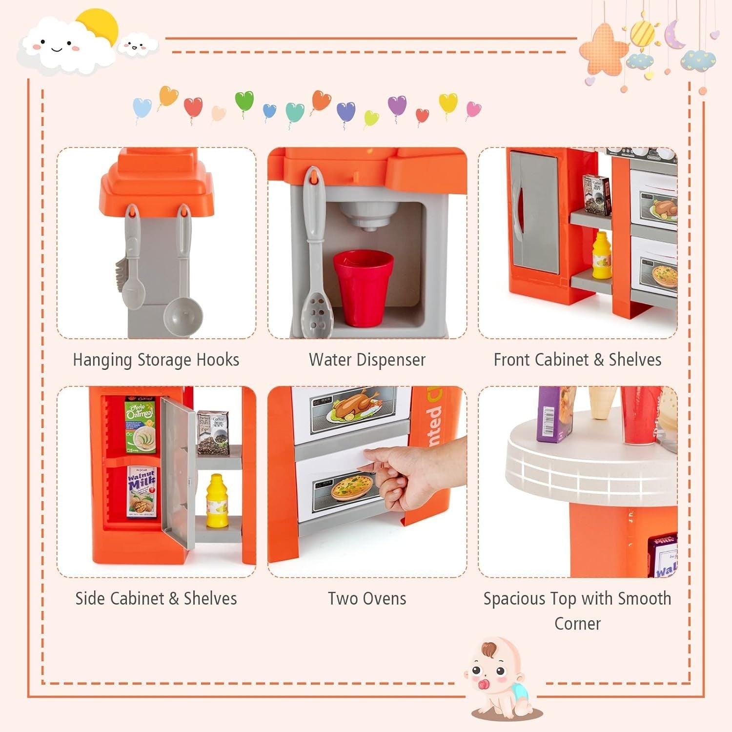 Kids Kitchen Playset w/ 67PCS Lights Sounds Steam Sink Orange