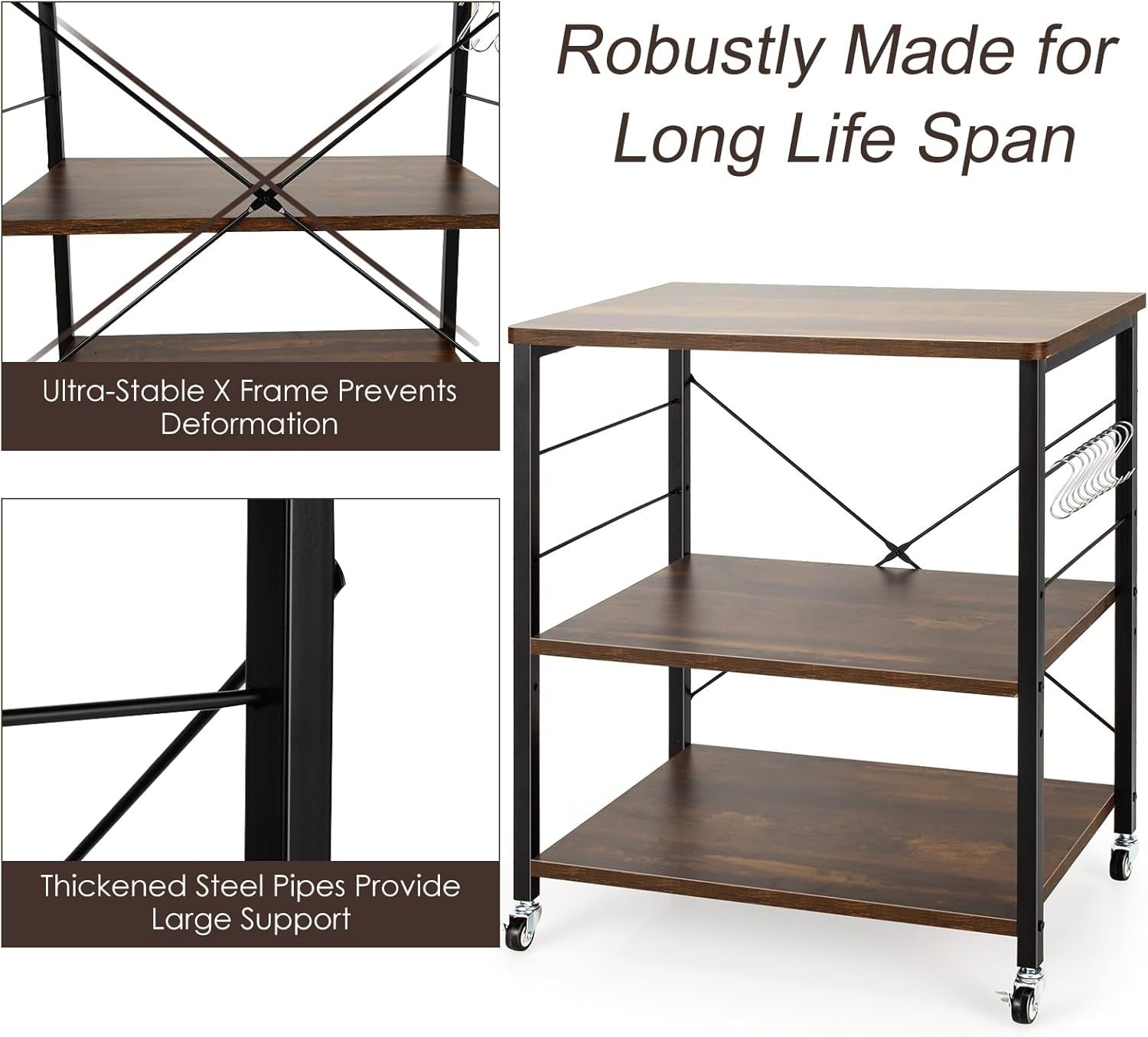 Kitchen Bakers Rack Rolling Cart Microwave Stand 3 Tier Shelves