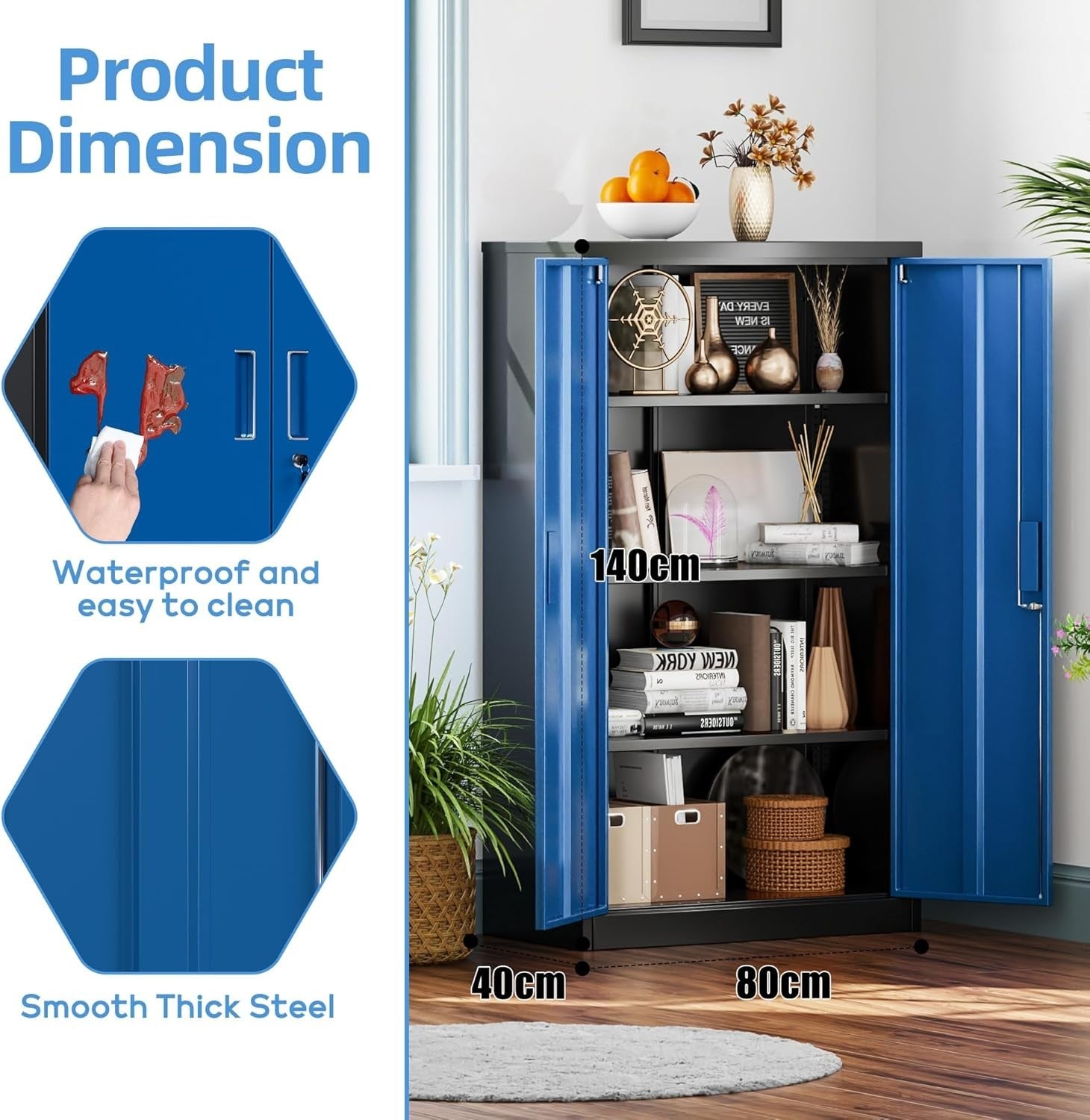 Lockable Steel Storage Cabinet 140cm with Shelves for Garage & Office