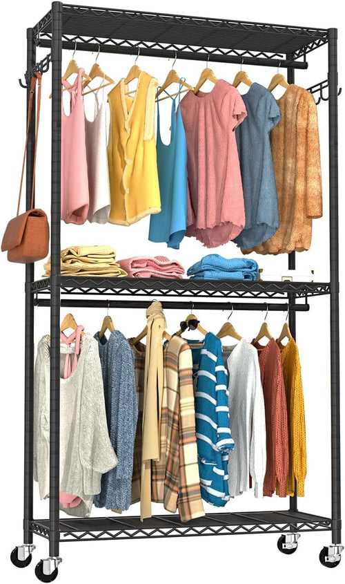 Heavy Duty 3-Tier Clothes Rail with Wheels & Double Rods – Black 90×40×200cm