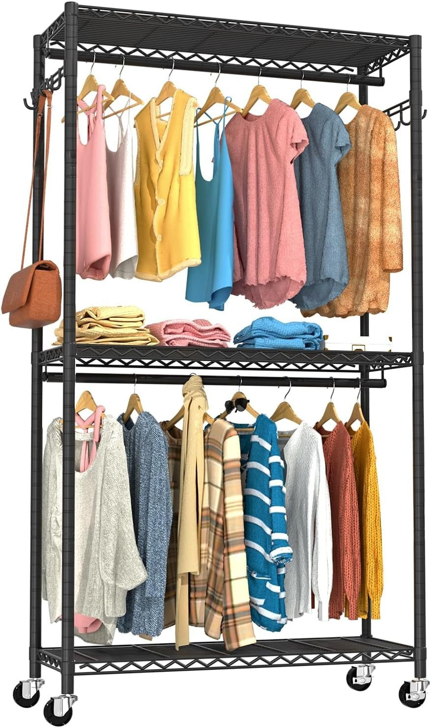 Heavy Duty 3-Tier Clothes Rail with Wheels & Double Rods – Black 90×40×200cm