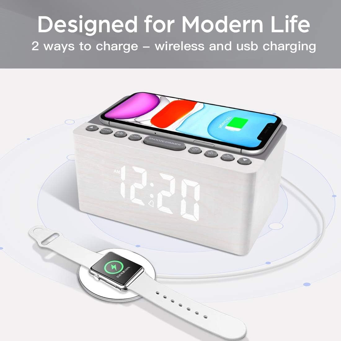 Wireless Charging Alarm Clock FM Radio USB Dimmable LED Wooden Bedside