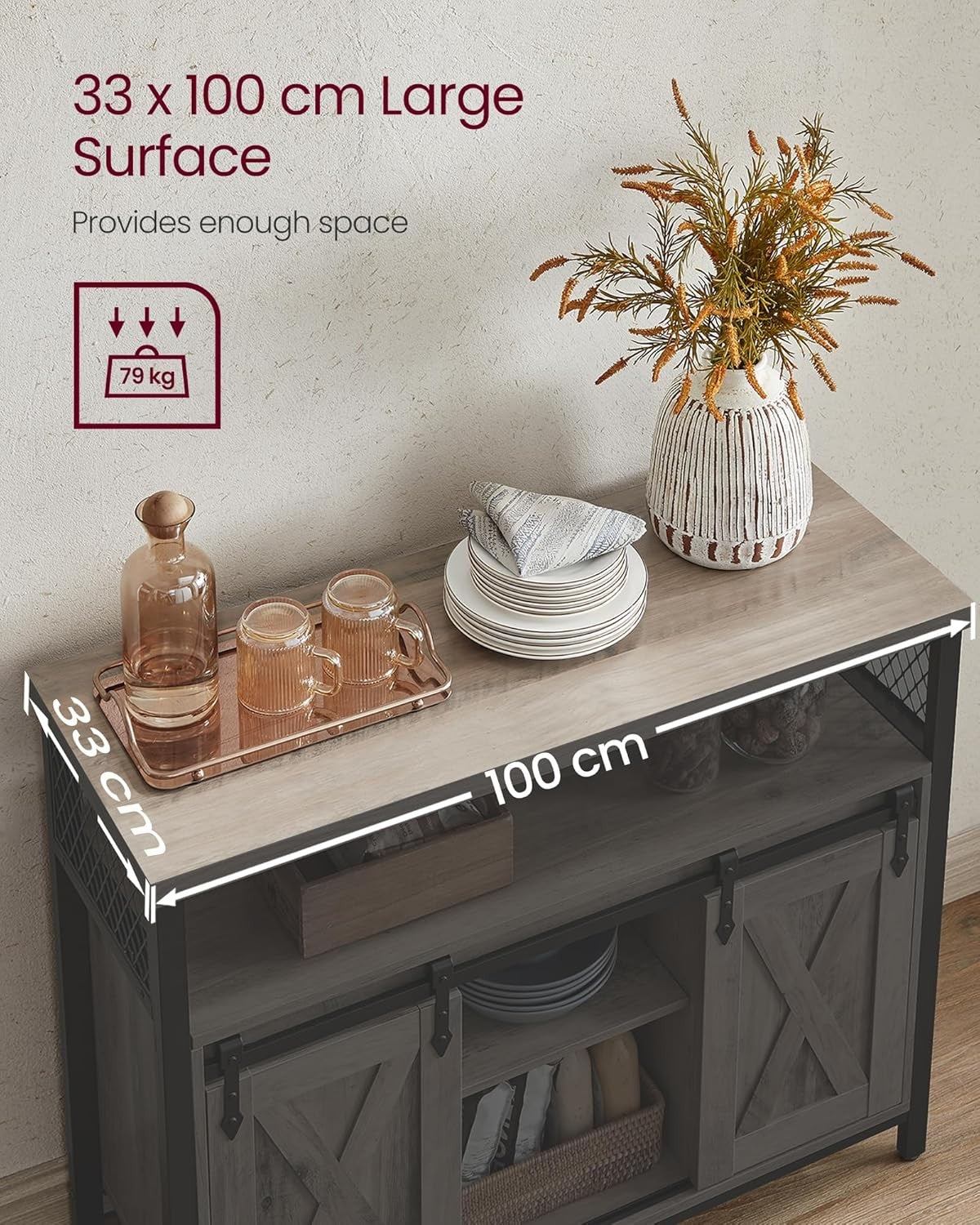 Heather Greige Sideboard Sliding Barn Door Storage Cabinet Industrial