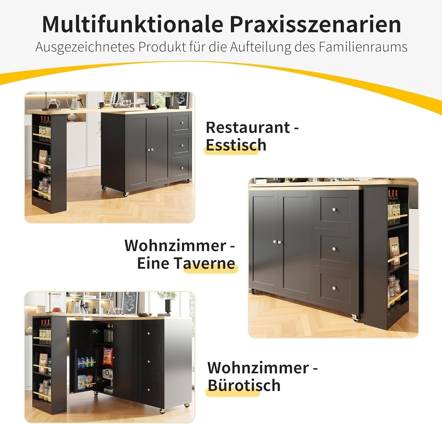 Mobile Kitchen Island w/ 3 Drawers, 360° Swivel & Storage Shelves 209cm
