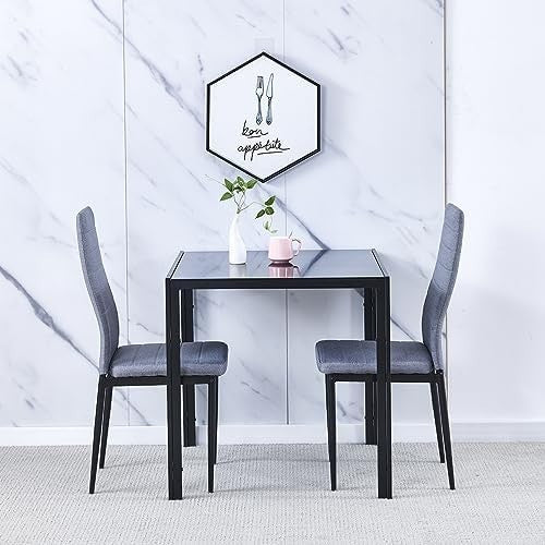 Square Glass Dining Table Set 75x75x75cm Linen Grey Chairs 2-Seater