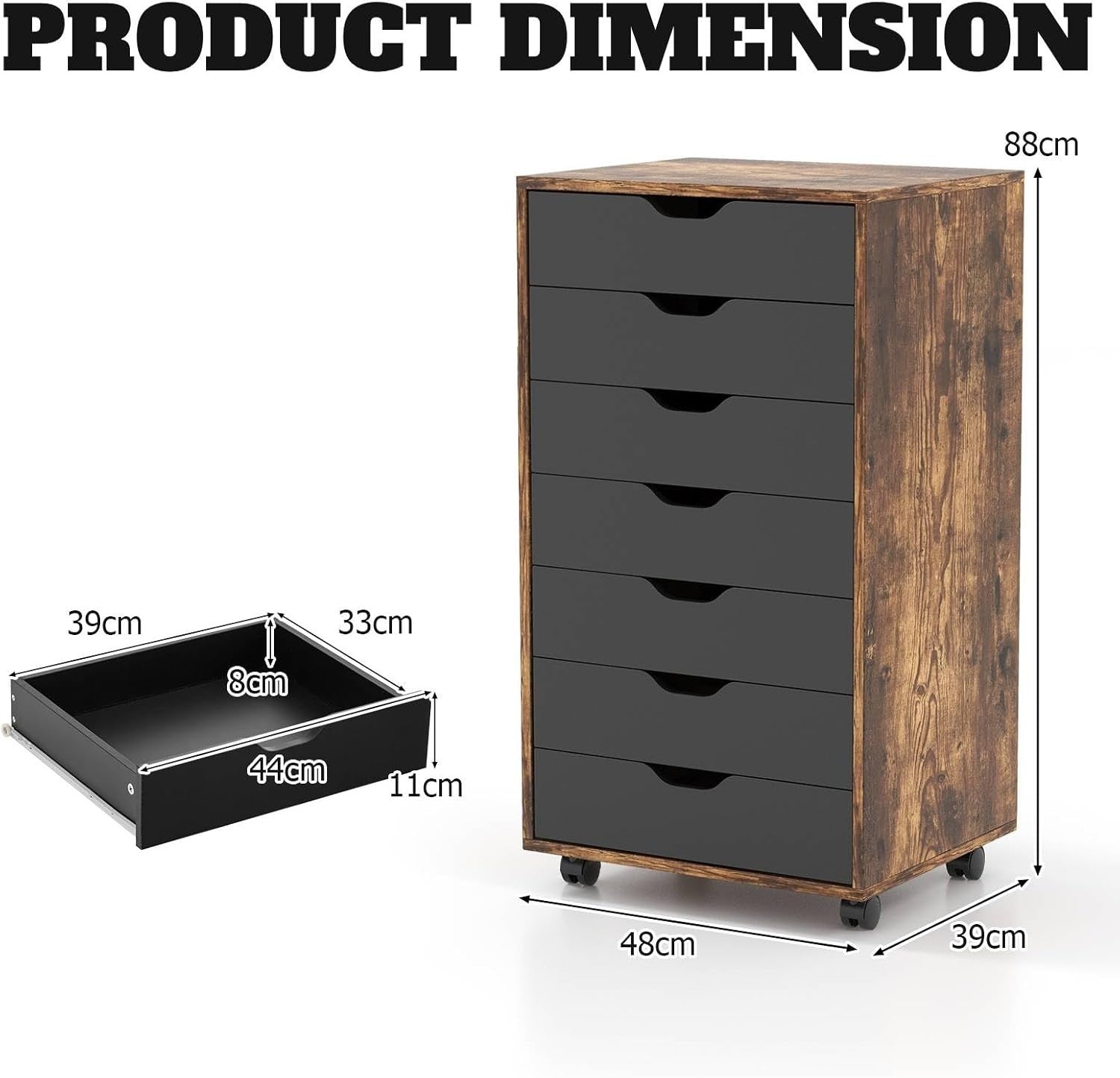 Rustic Mobile File Cabinet 7 Drawer Rolling Printer Stand Under Desk