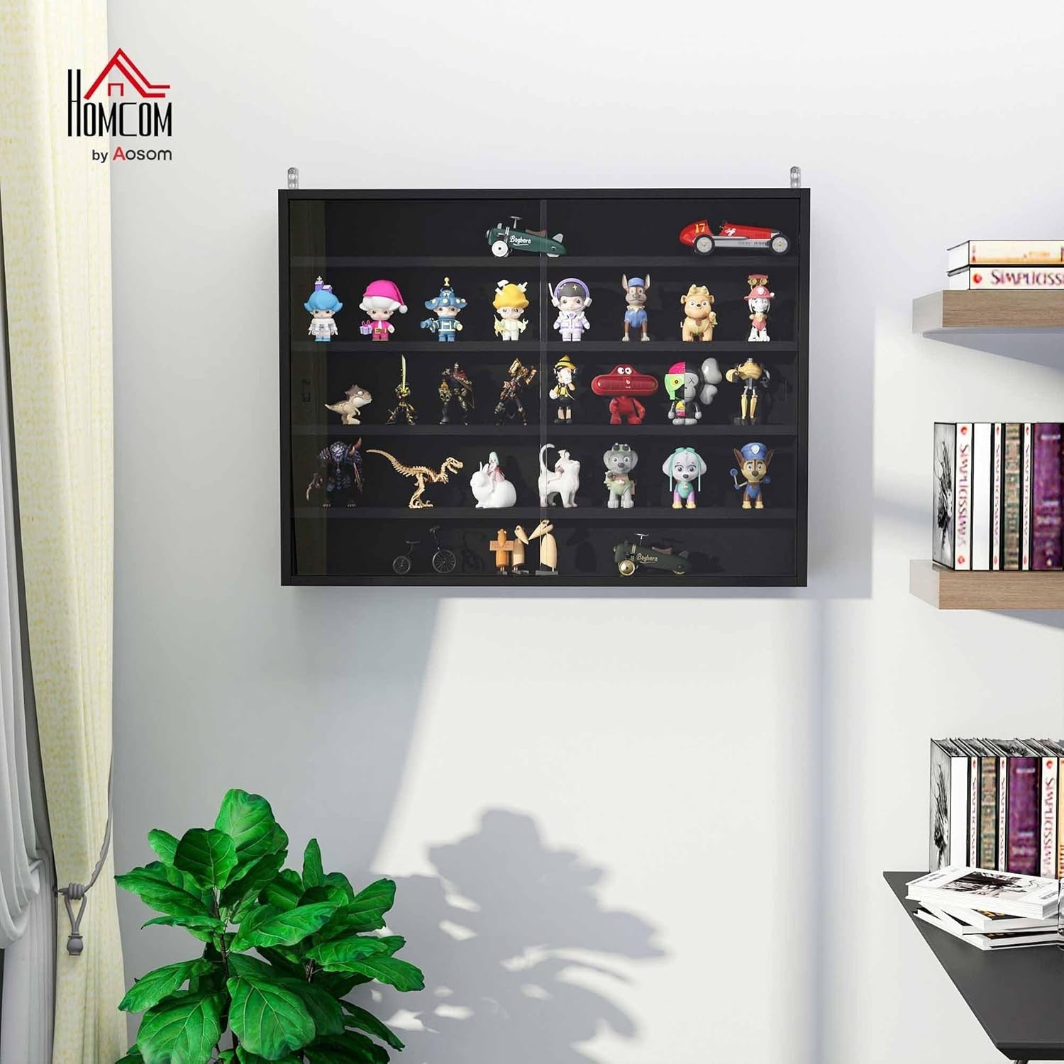 5-Tier Wall Display Cabinet | Black Glass Sliding Door Shelf Unit 60×80cm