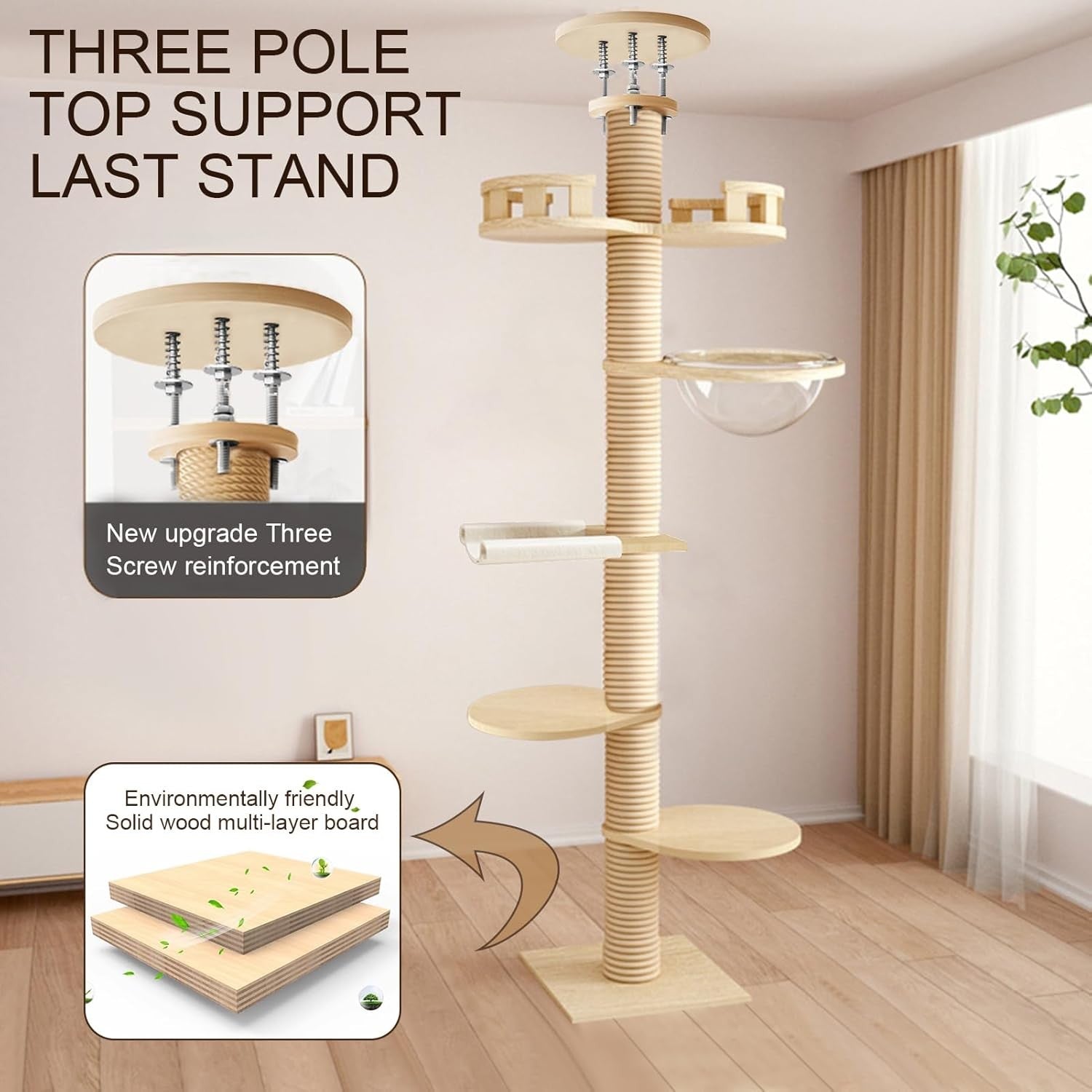 Beige Floor to Ceiling Cat Tree Adjustable Tower 6 Tier Scratching Post