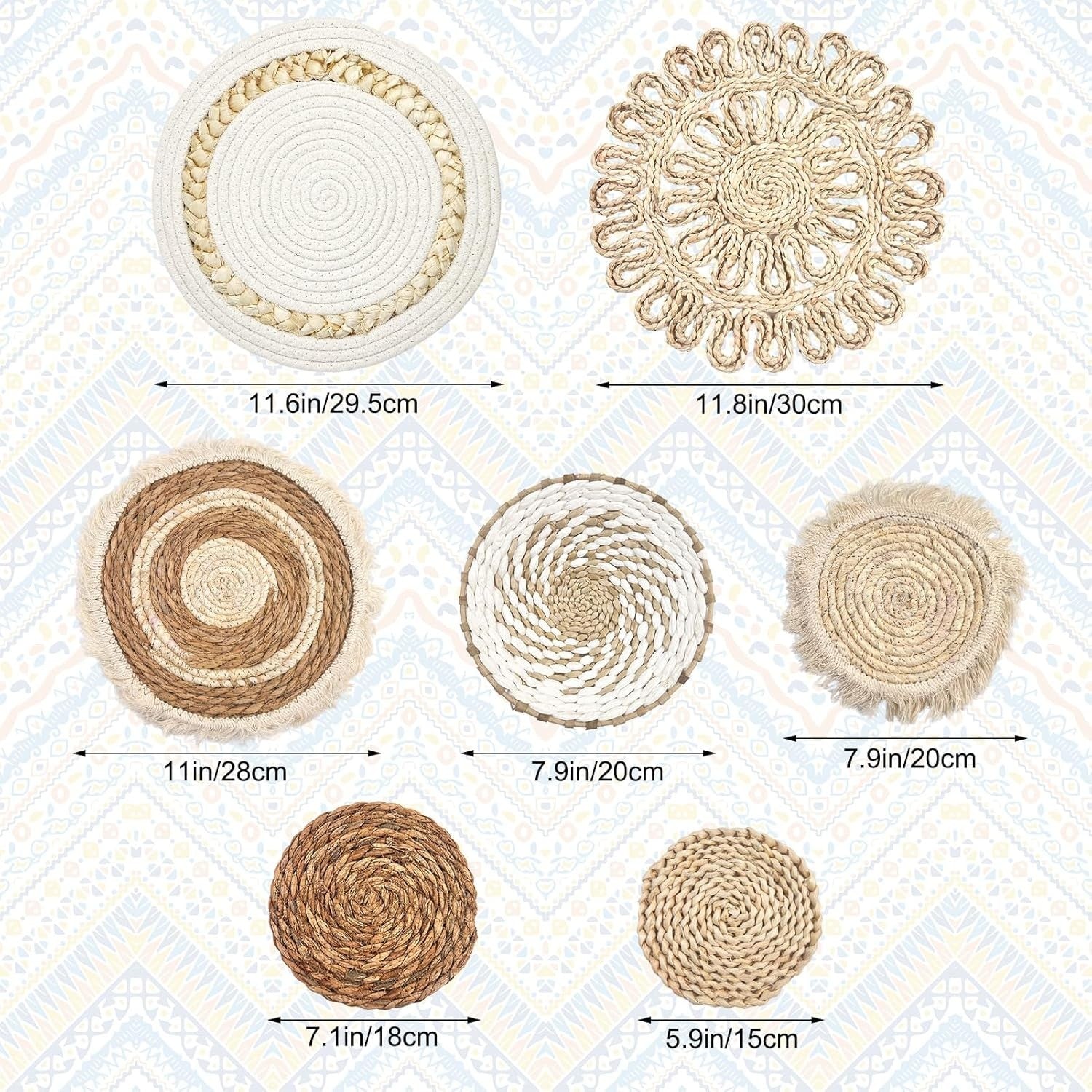 Boho Wall Baskets Set of 7 – Handmade Rattan Woven Decor