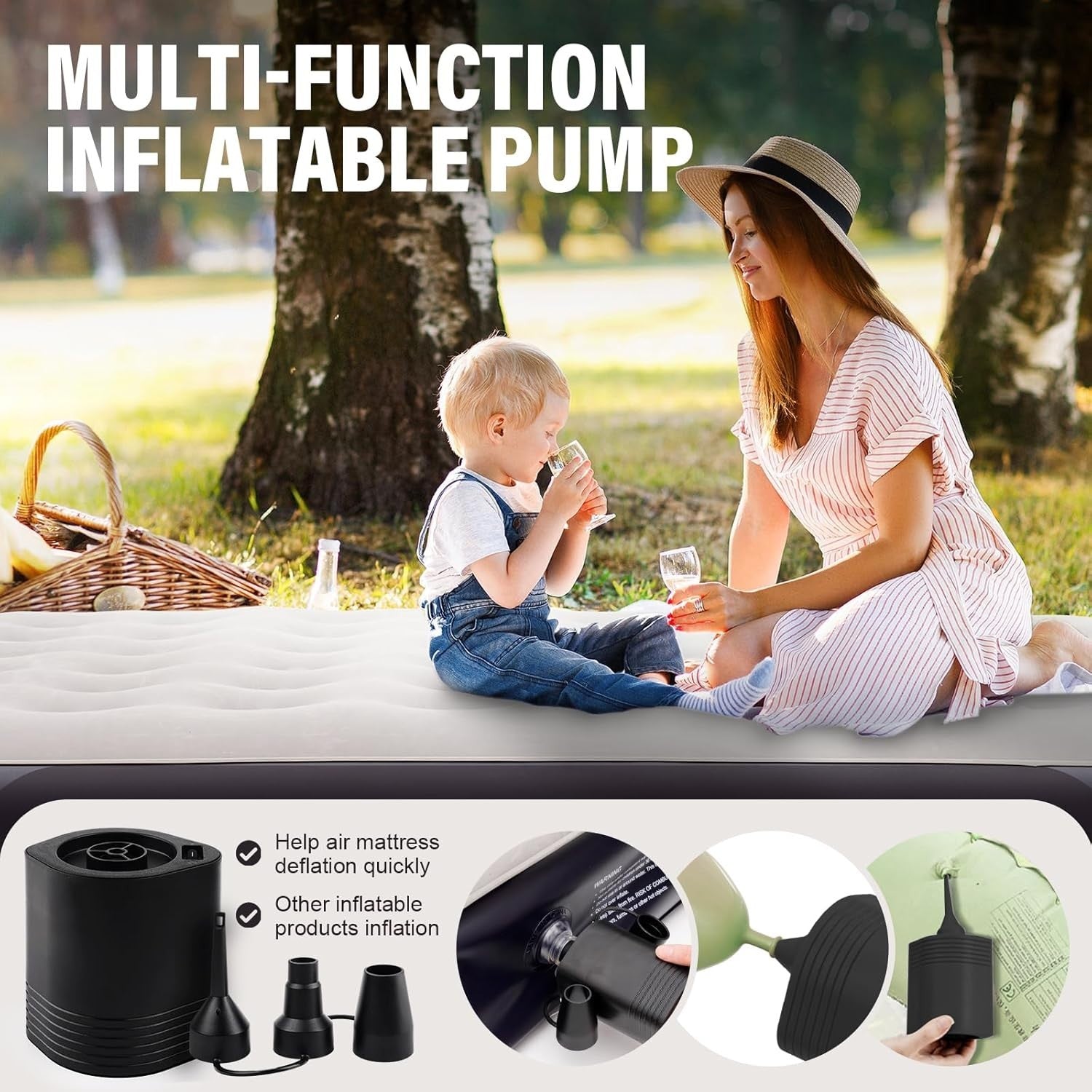 Double Air Bed with Built-in Pump, Quick Inflate & Deflate, 198x152x25cm