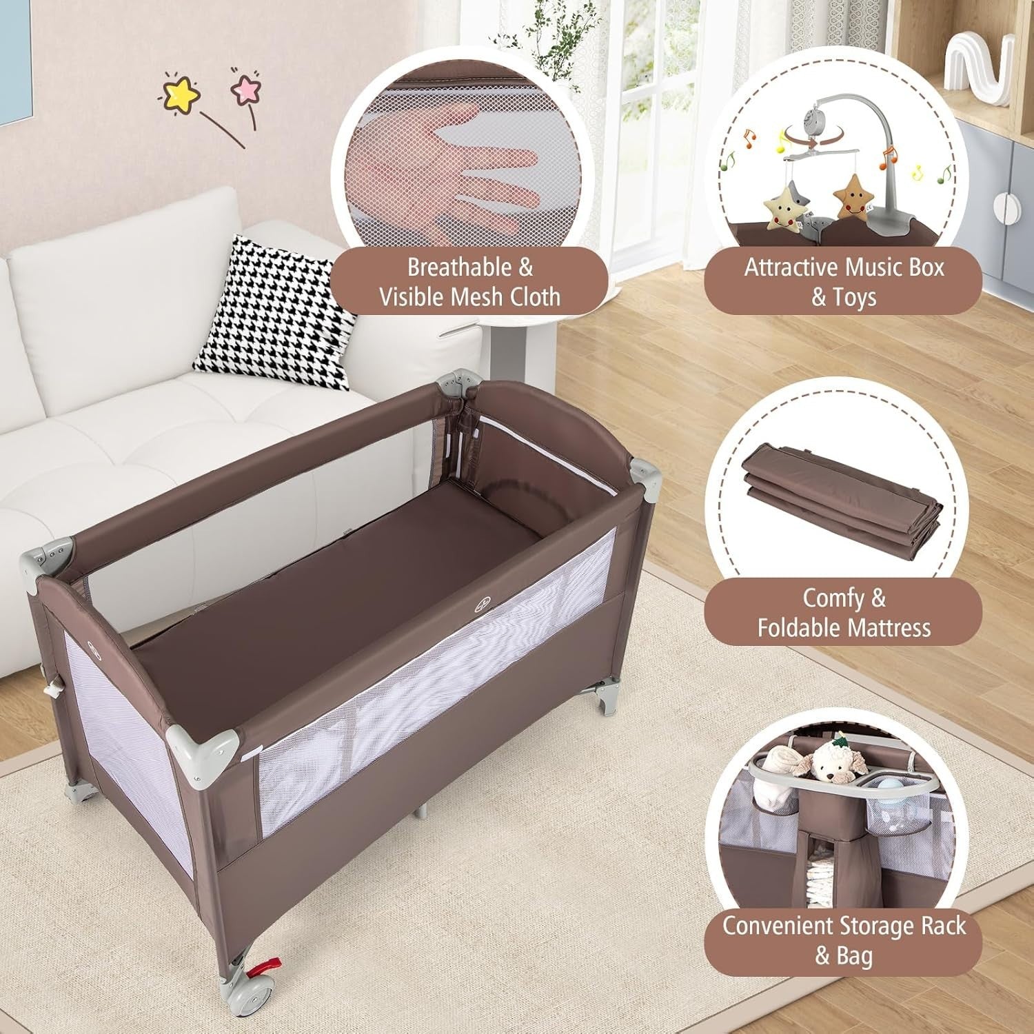 5in1 Baby Travel Cot Foldable Crib with Mattress Basket Changer & Storage Brown