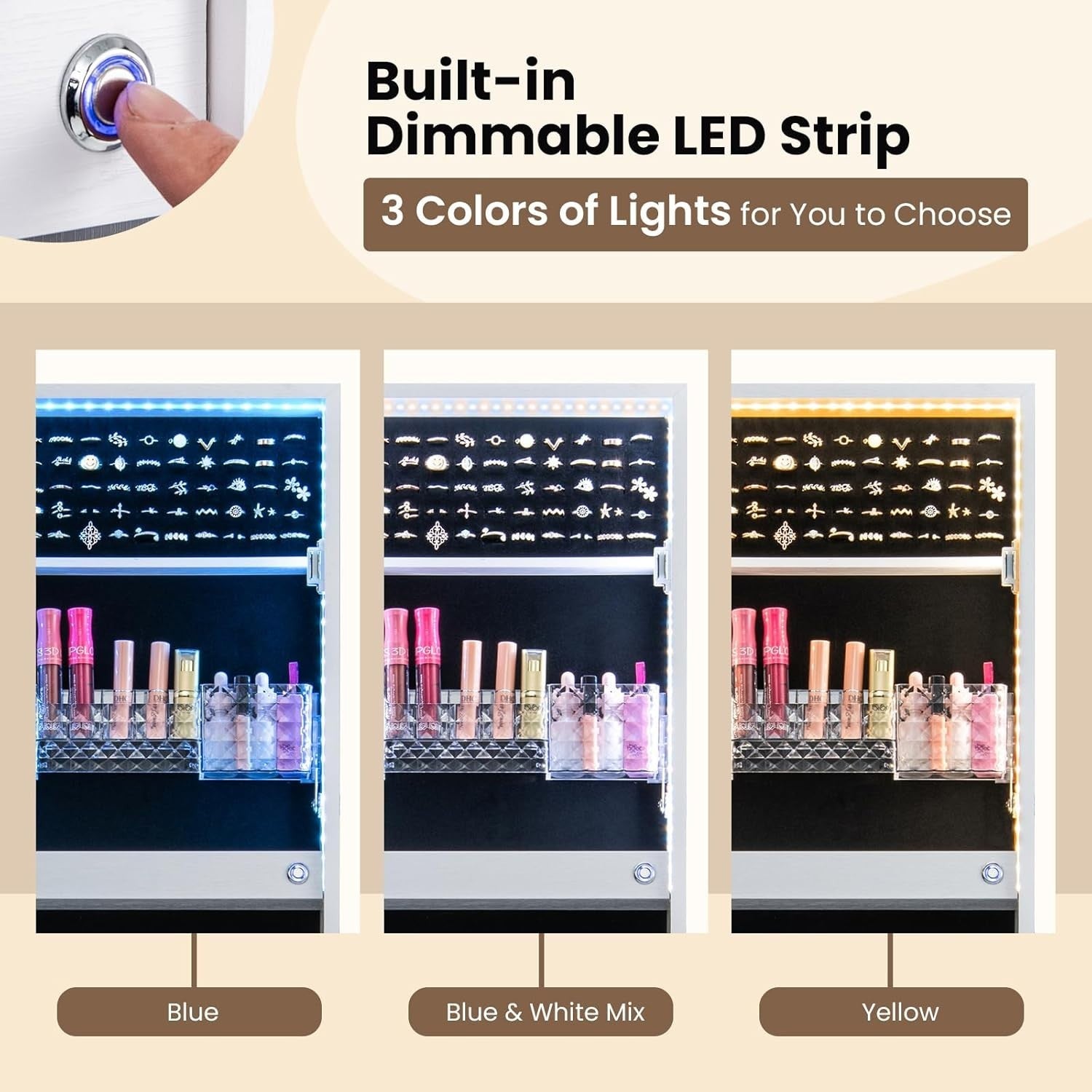 White LED Jewellery Cabinet Full Length Mirror Adjustable Lockable Storage