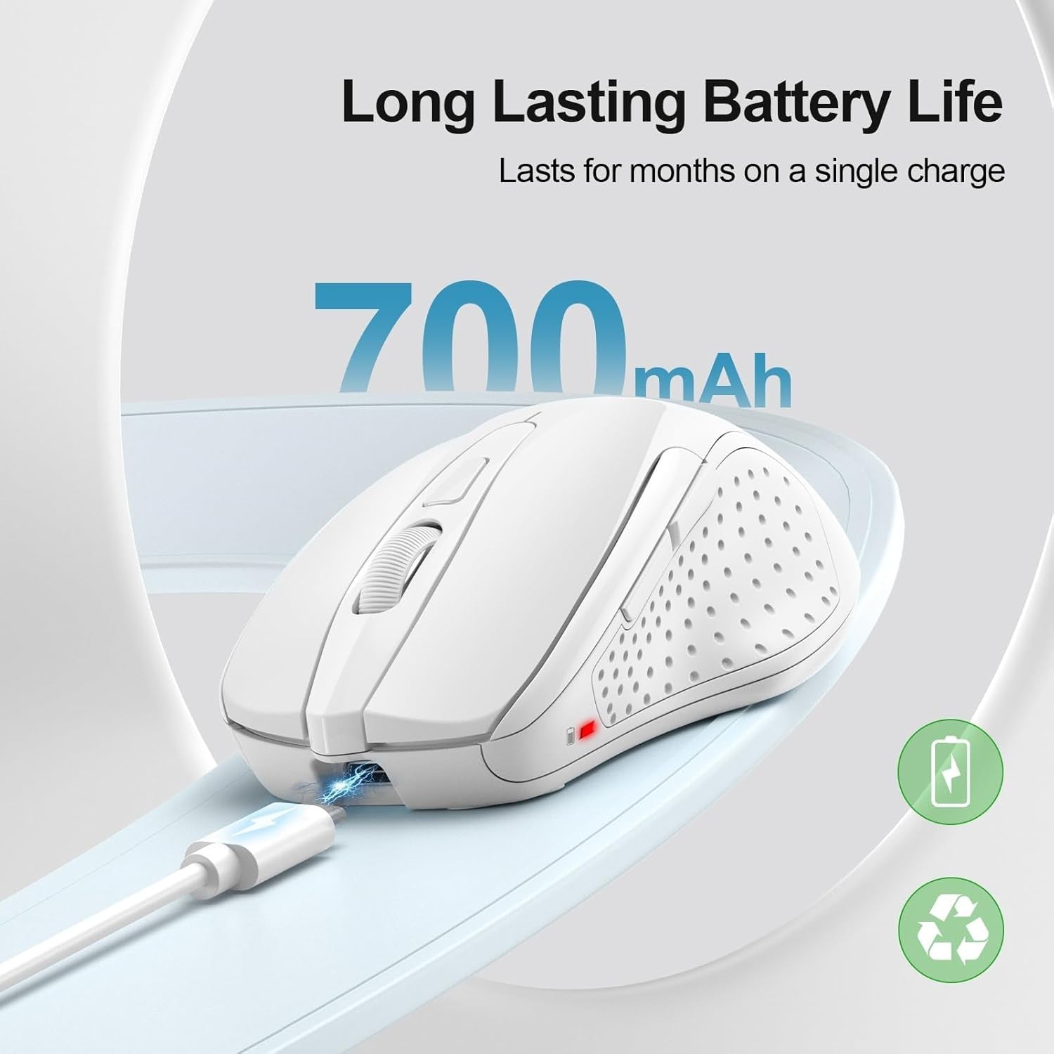 White Rechargeable Bluetooth Mouse Silent Tri Mode 4800DPI Ergonomic Office