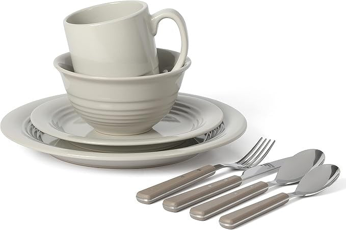 32pc Stoneware Dinnerware & Cutlery Set Service for 4 Grey Plates Bowls Mugs