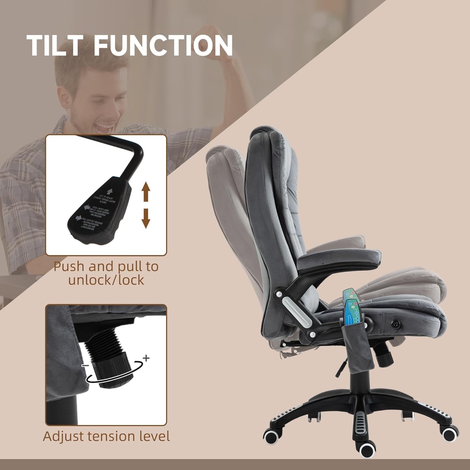 Heated Massage Office Chair 6 Point High Back Velvet Grey