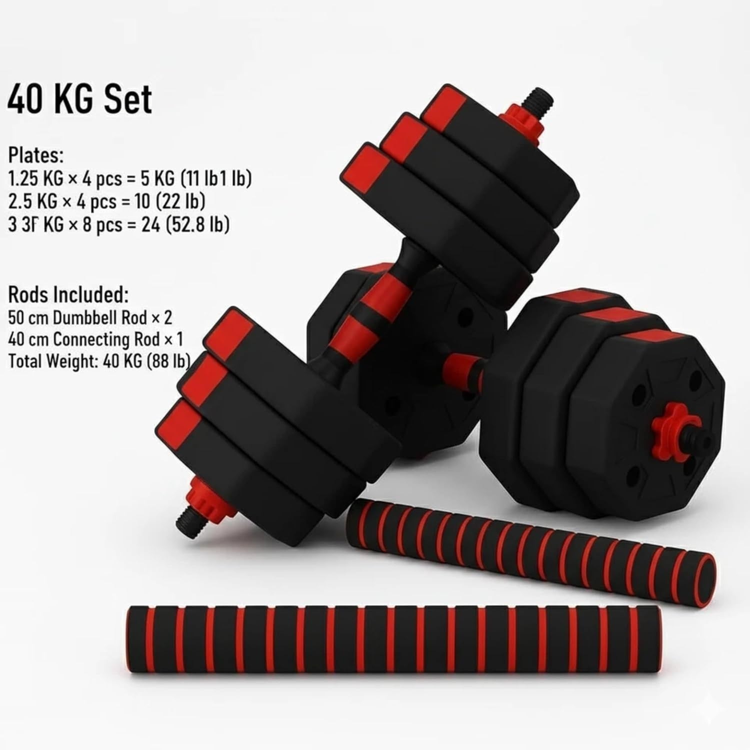 40KG Adjustable Dumbbell Set Octagonal Barbell Home Gym Weights