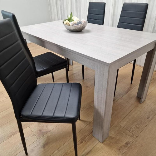 4 Seater Grey Dining Table Set with Black Leather Chairs for Kitchen