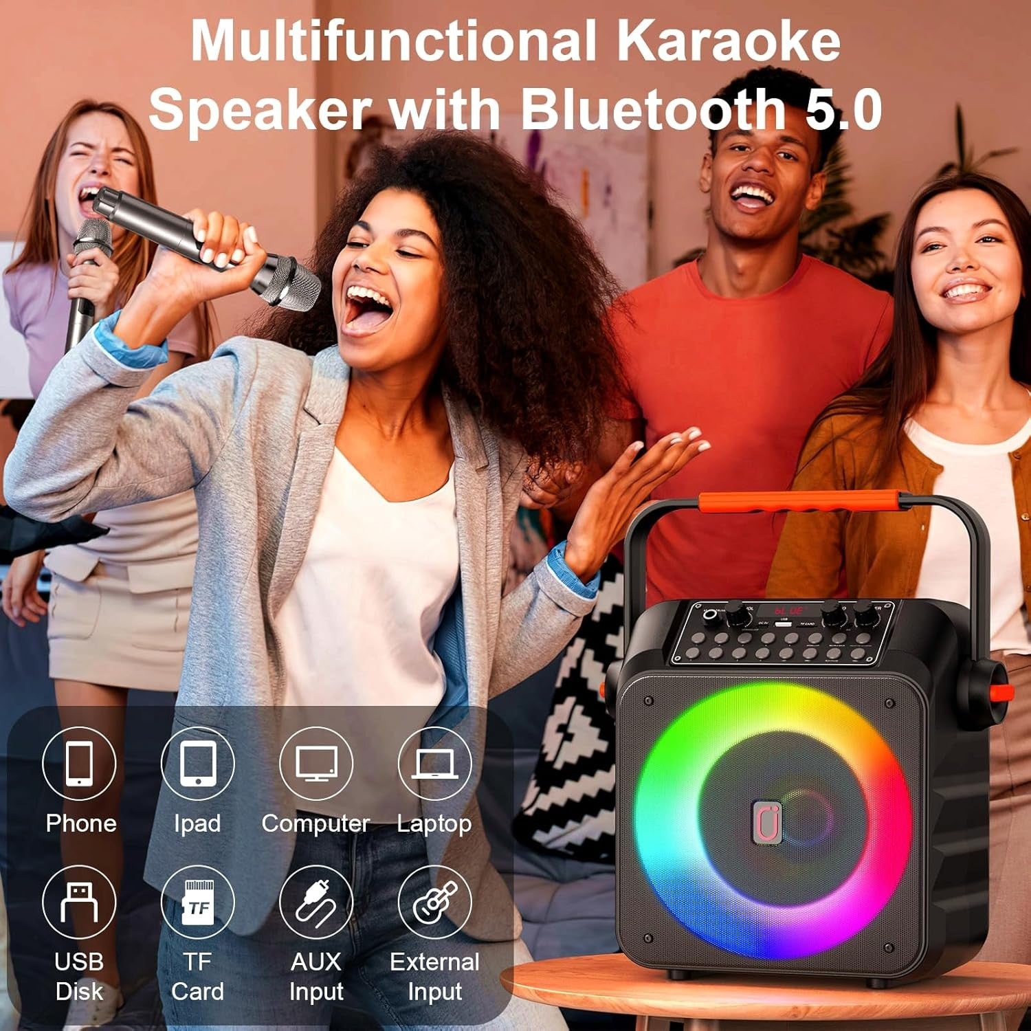 Karaoke Machine 2 Wireless Mics Bluetooth 5.3 Speaker 40W LED