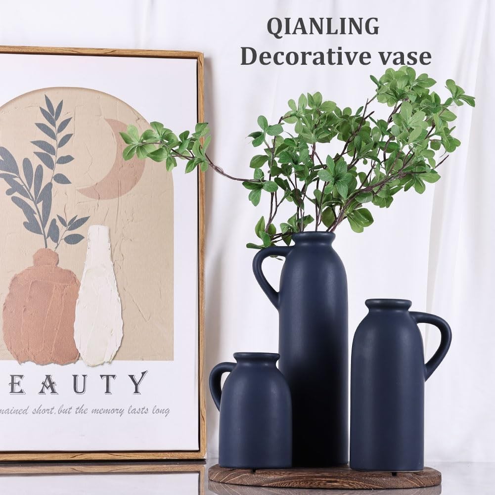 Blue Ceramic Vase Set of 3 Matte Jug Vases Farmhouse Table Home Decor
