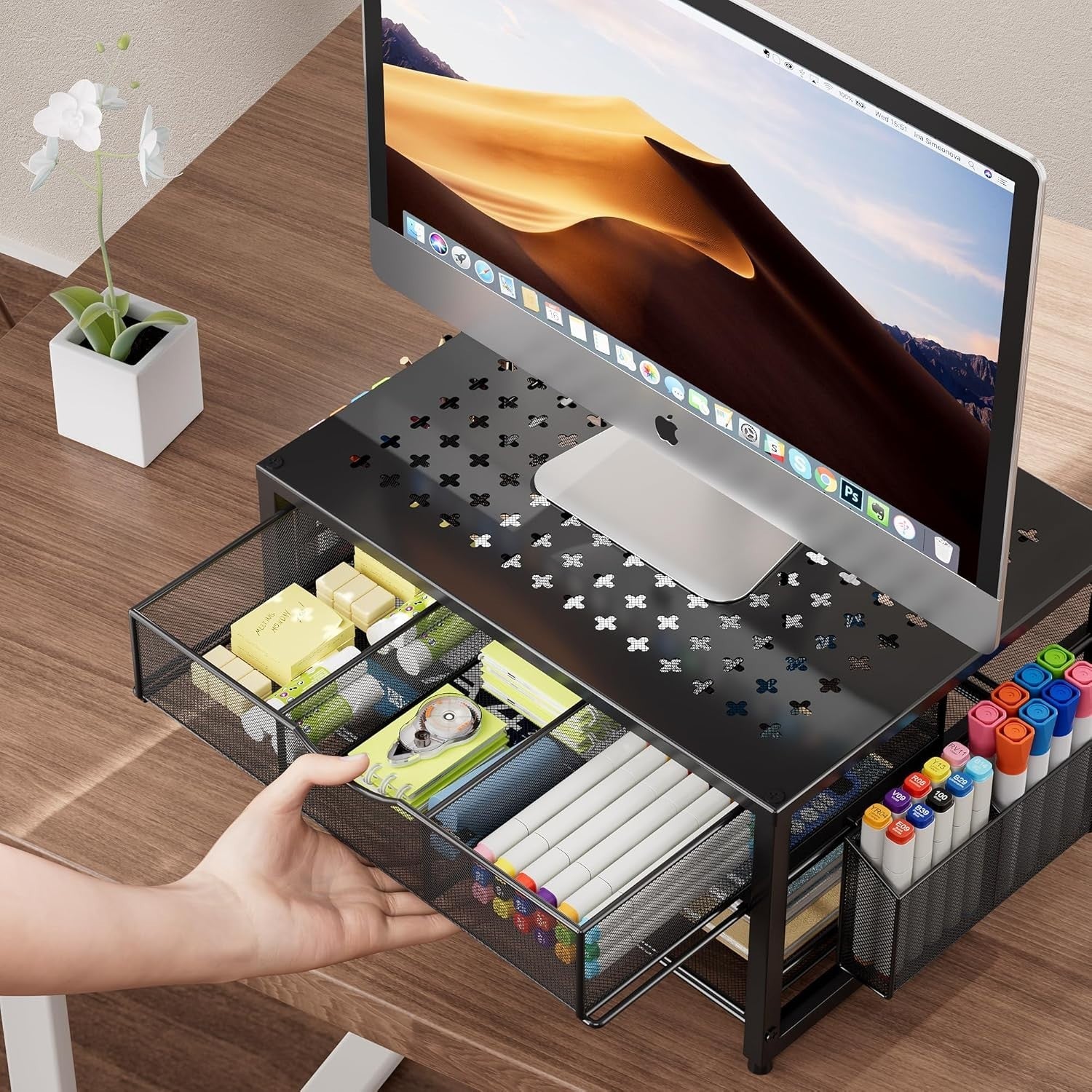 2-Tier Black Desktop Printer Stand with Drawer, Pen & Paper Organizer