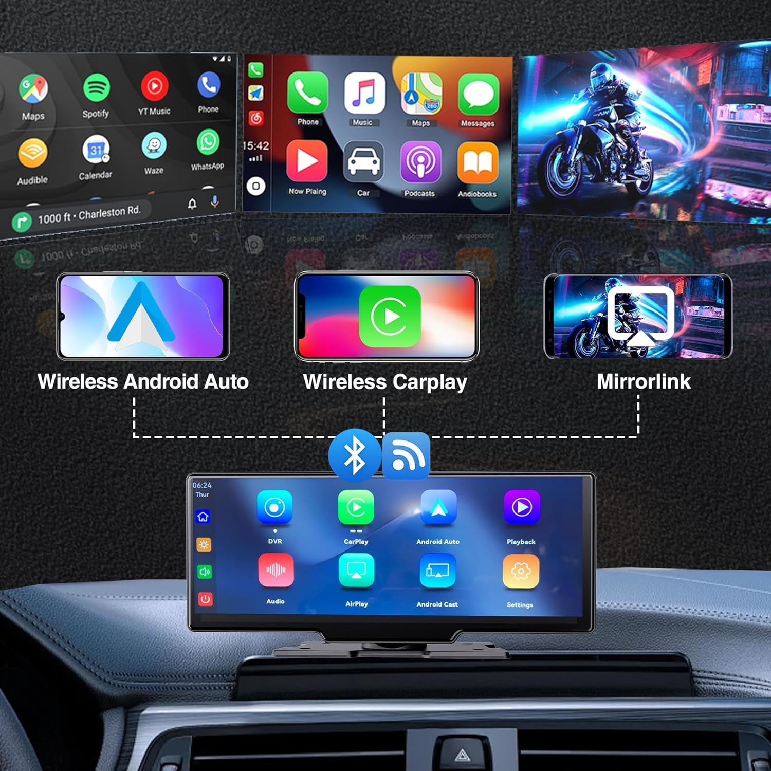 10.26" Portable Car Stereo Wireless CarPlay 4K Dash Cam GPS