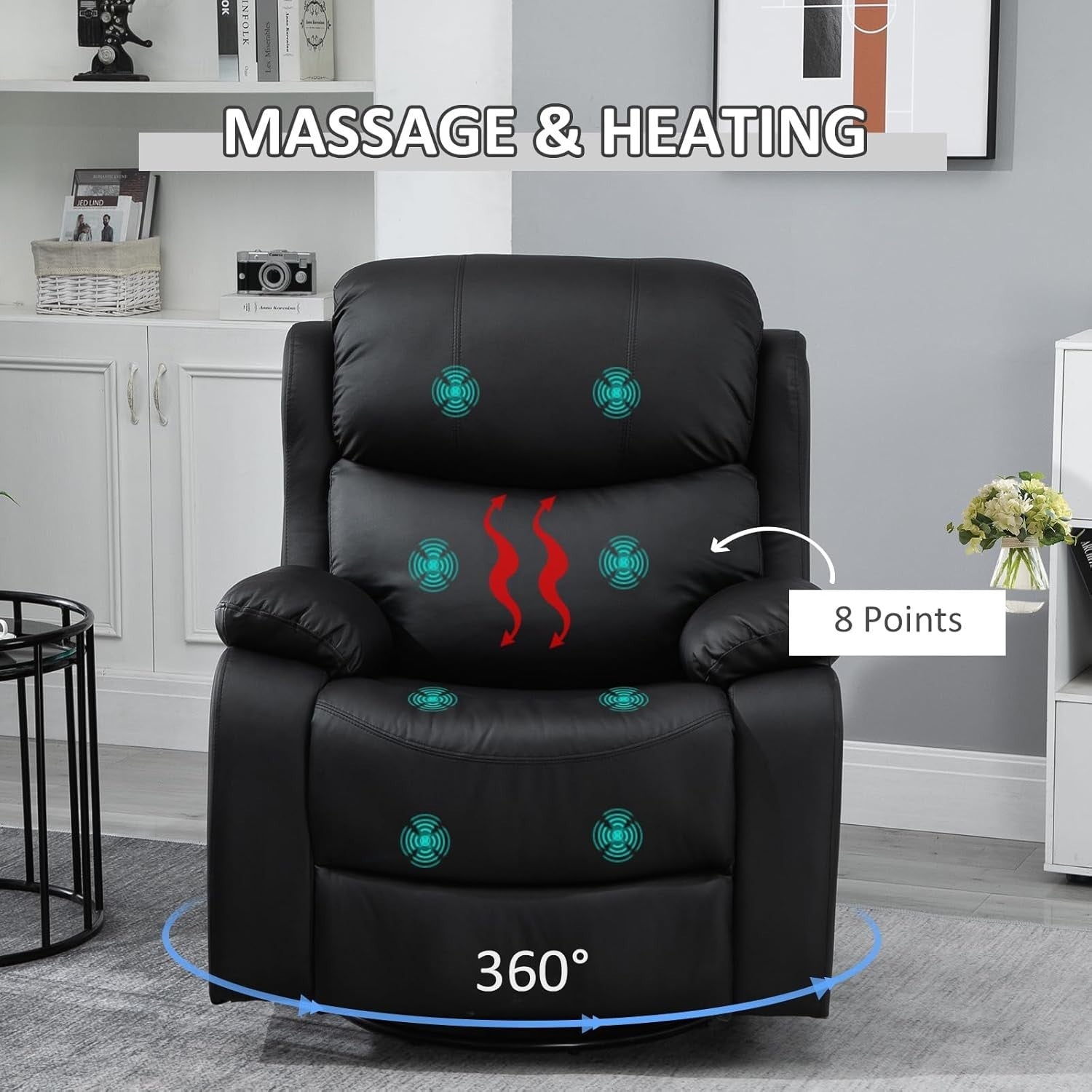 Massage Recliner Chair Heat 8-Point Swivel Rocking PU Leather Footrest Black