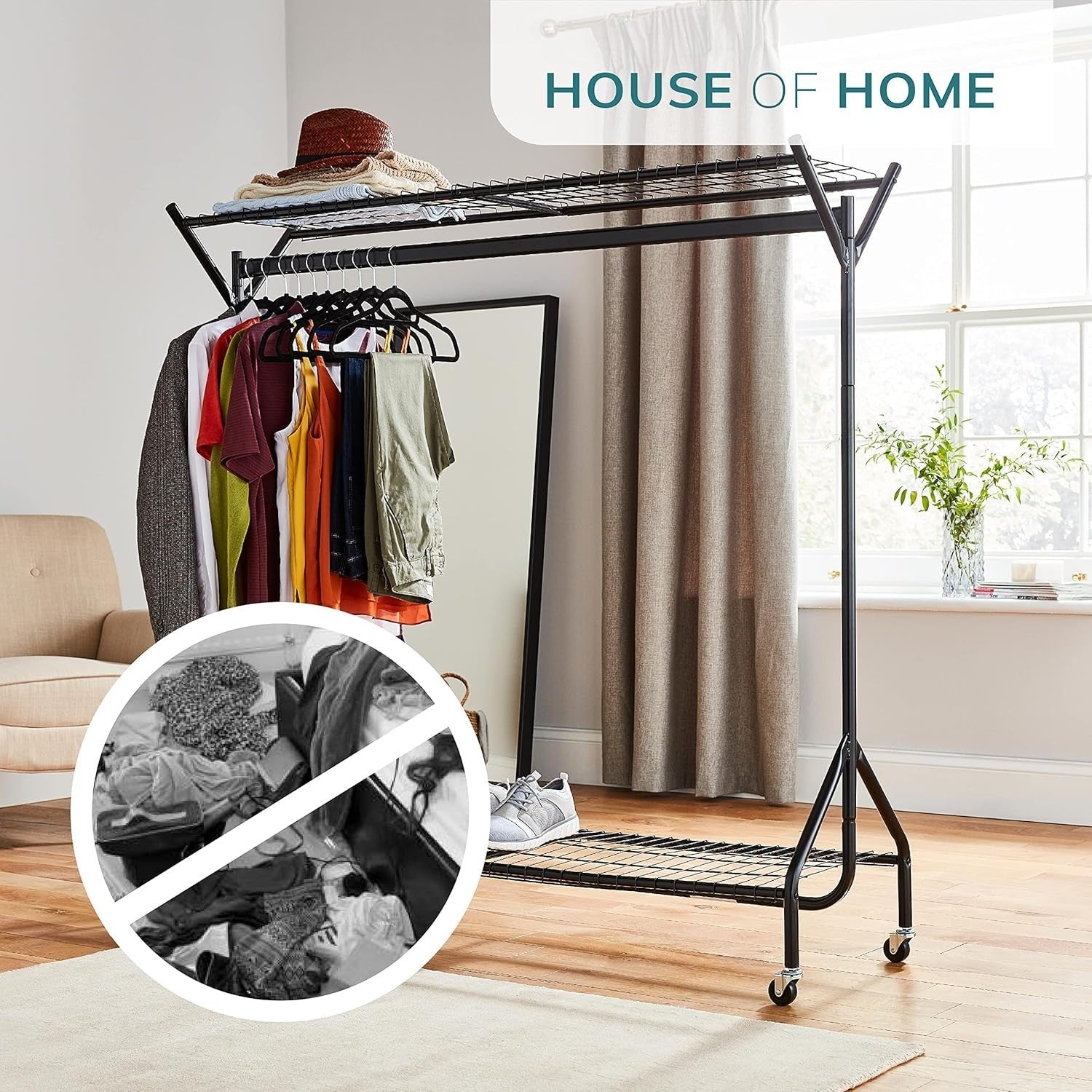 Heavy Duty 5ft Clothes Rail with Wheels & Shelf Black