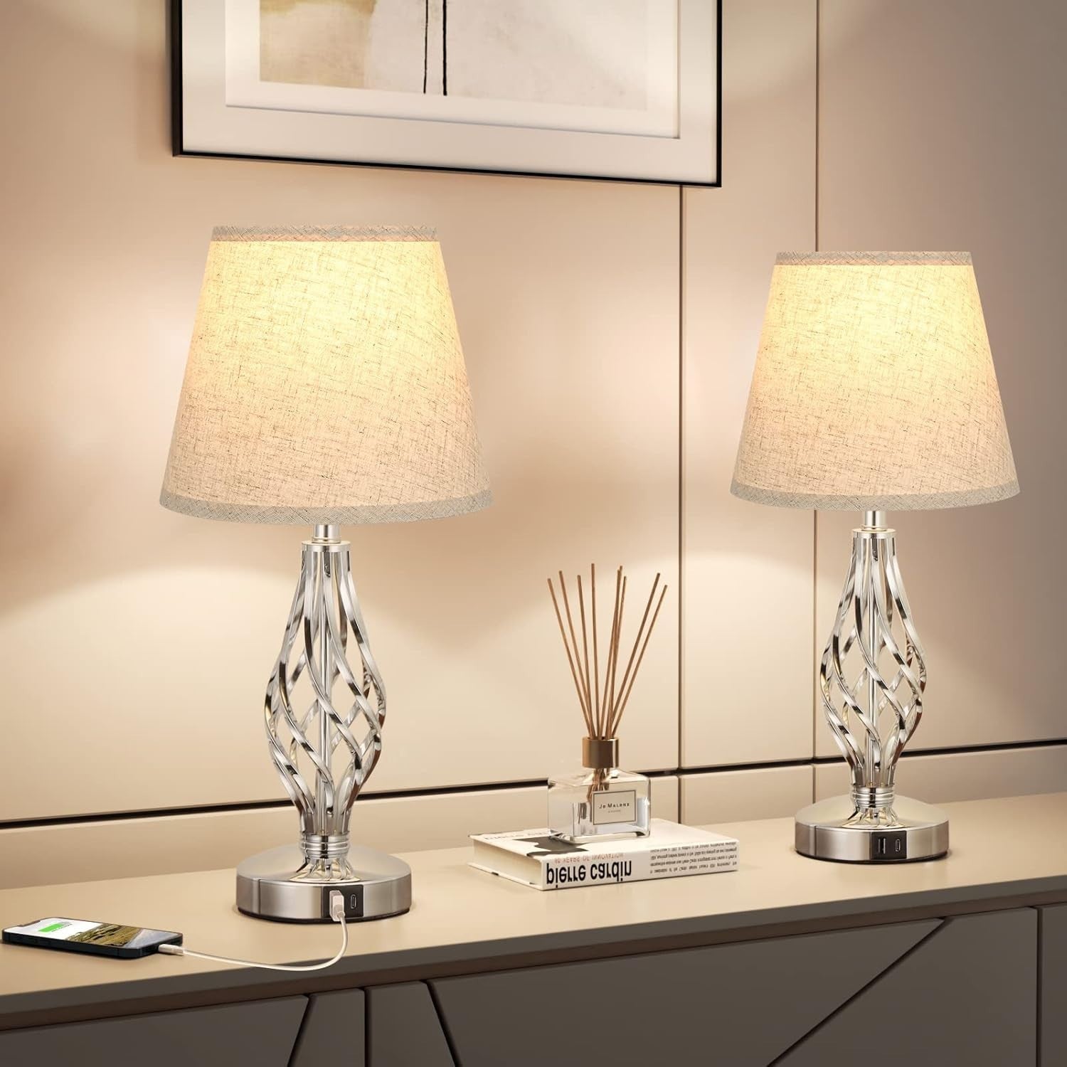 Touch Bedside Lamps Set of 2 USB Ports 3-Way Dimmable Beige Shades