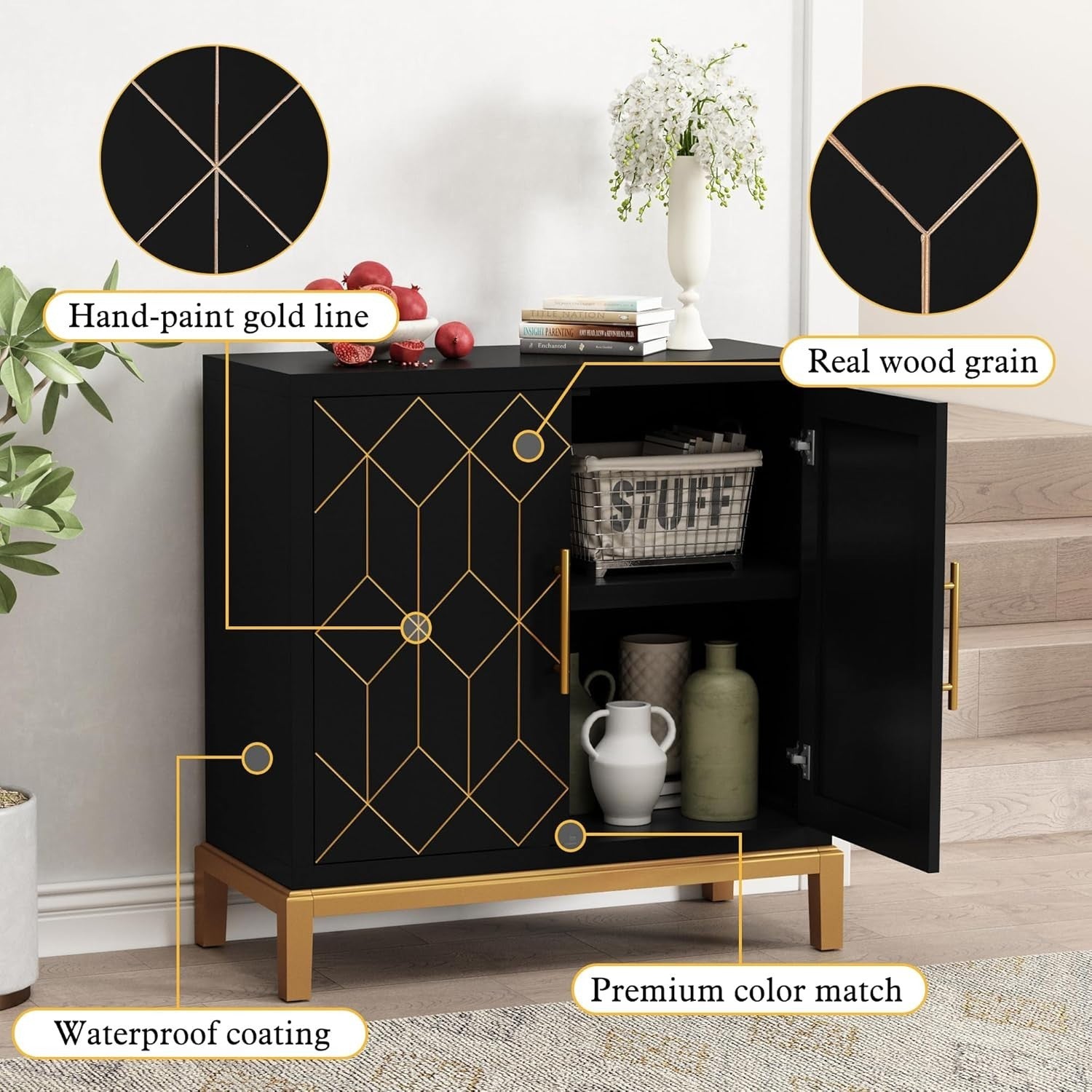 Modern Black Sideboard Cabinet Gold Legs 2 Door Storage Unit Hallway