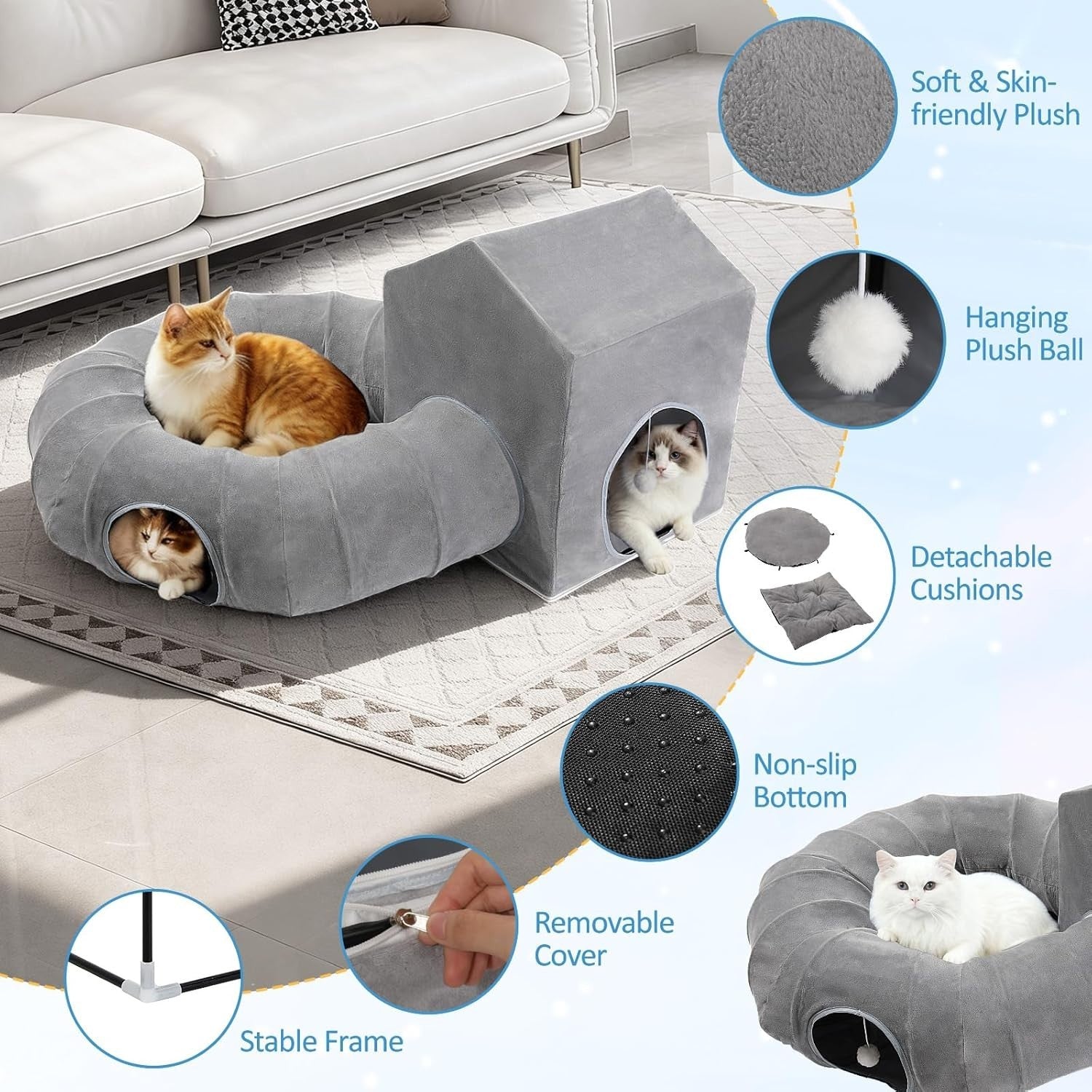 Cat Donut Tunnel Bed w Square House Peekaboo Play Cave Washable Gray