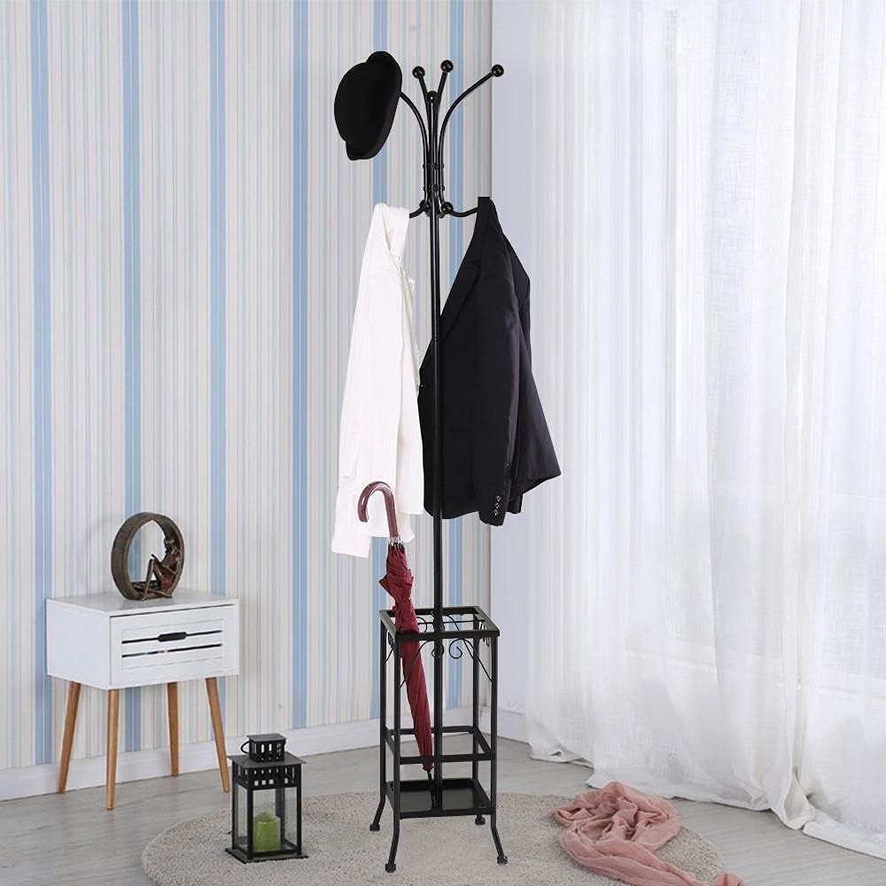 Metal Coat Rack Stand with Umbrella Holder | 8 Hooks Free Standing Tree