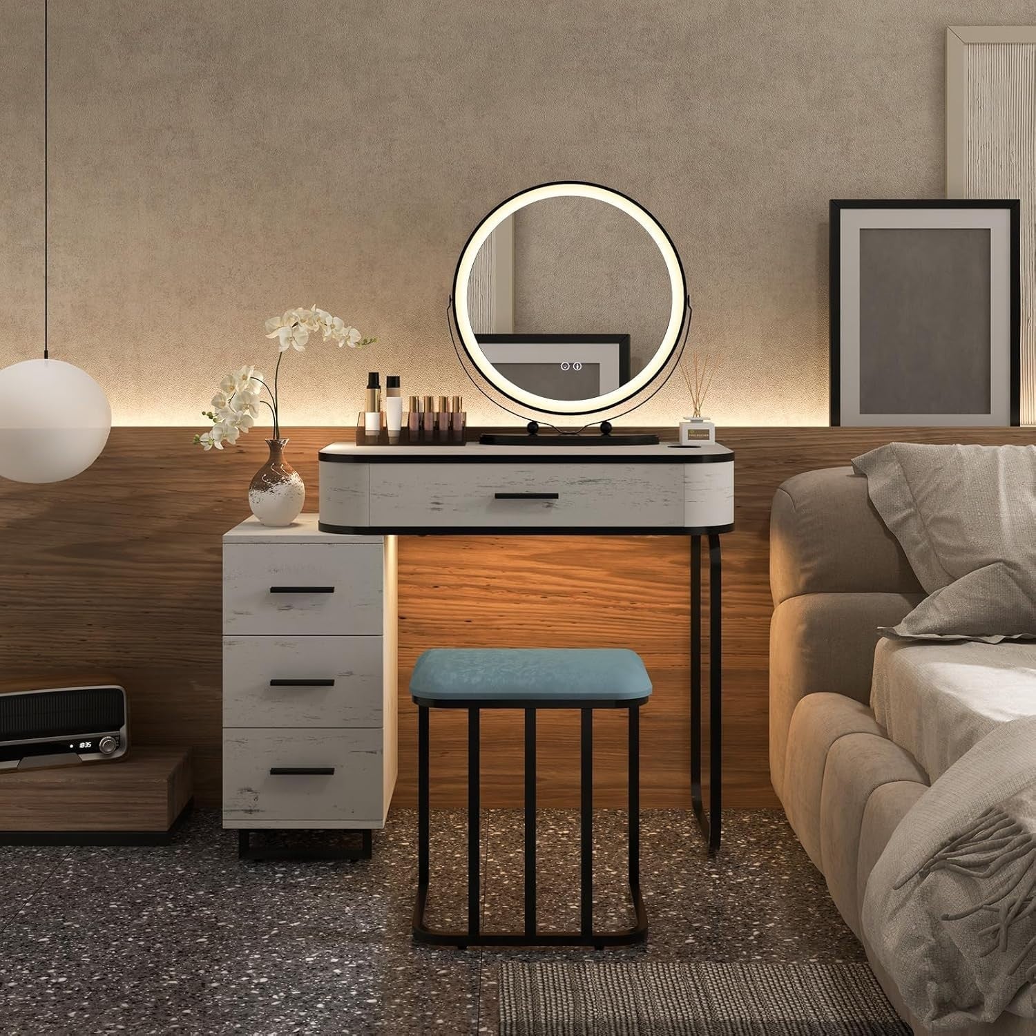 Vanity Makeup Dressing Table Set with Lighted Mirror Stool 3-Drawer Charger